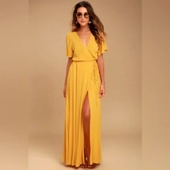 Lulus Much Obliged Golden Yellow Wrap Maxi Dress